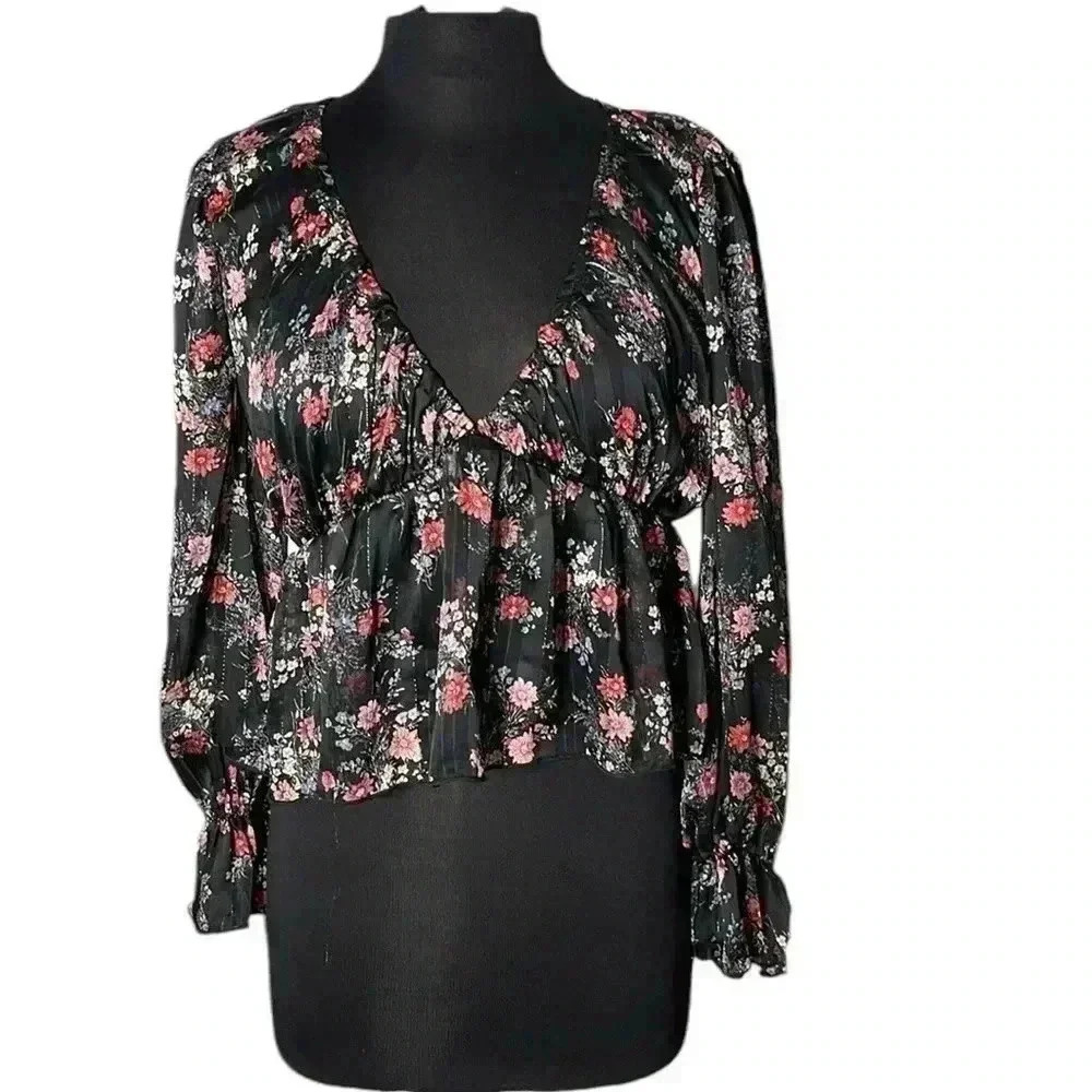 Bucket List Black Multicolor Cropped Floral Peplum Bohemian Blouse Size S